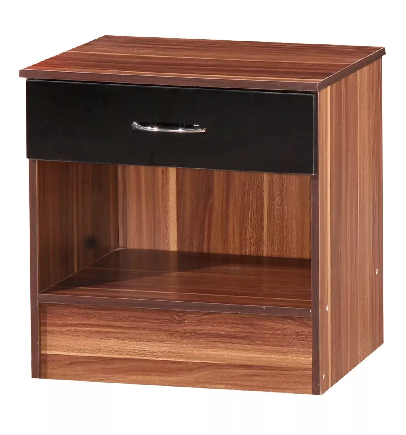 Black Gloss and French Walnut Bedside Cabinet Gloss drawer front Walnut frame