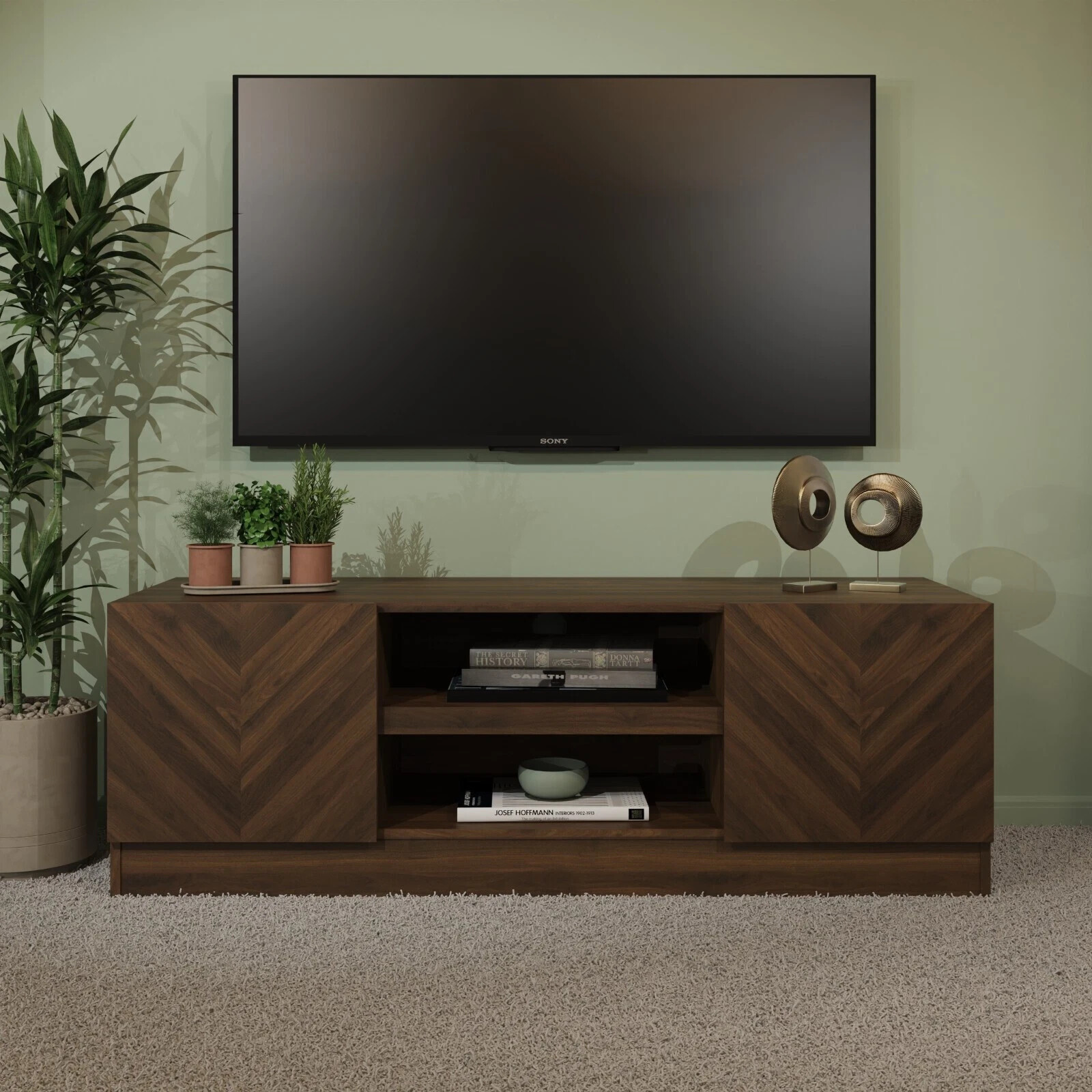 Catania TV Unit Royal Walnut Herringbone inspired wood-grain finish