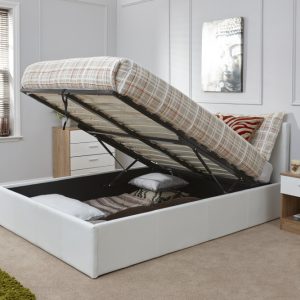 End Lift 5ft King Ottoman faux leather gas lift up storage bed WHITE