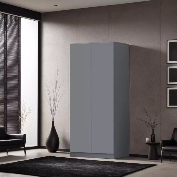 FWStyle Push Open 2 Door Double Wardrobe Soft Close Scratch Resistant Dark Grey - Image 3