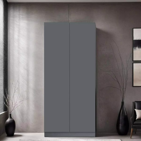 FWStyle Push Open 2 Door Double Wardrobe Soft Close Scratch Resistant Dark Grey