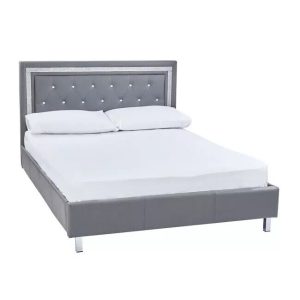 Grey King Size Faux Leather Bed with Diamante Trim mirrored legs Last few