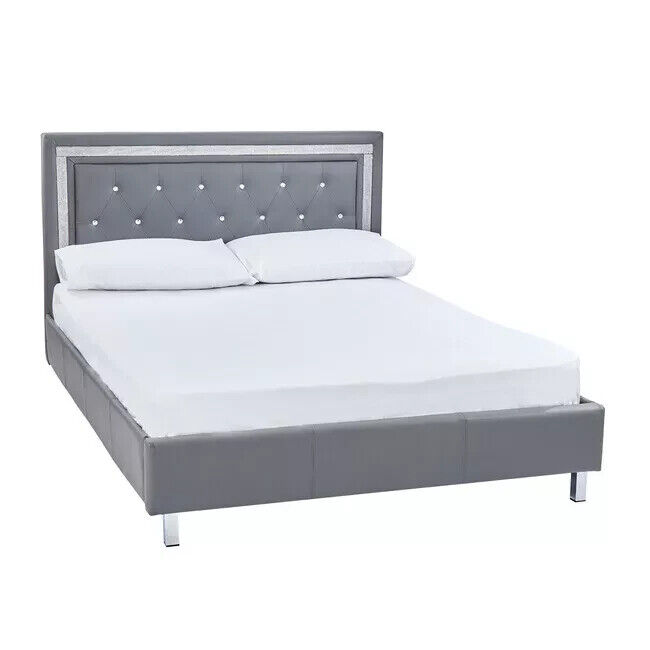Grey King Size Faux Leather Bed with Diamante Trim mirrored legs Last few