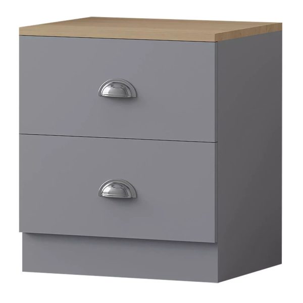 Matt Grey Oak Bedside Cabinet 2 Drawer Metal Cup Handles Bedroom - Image 3