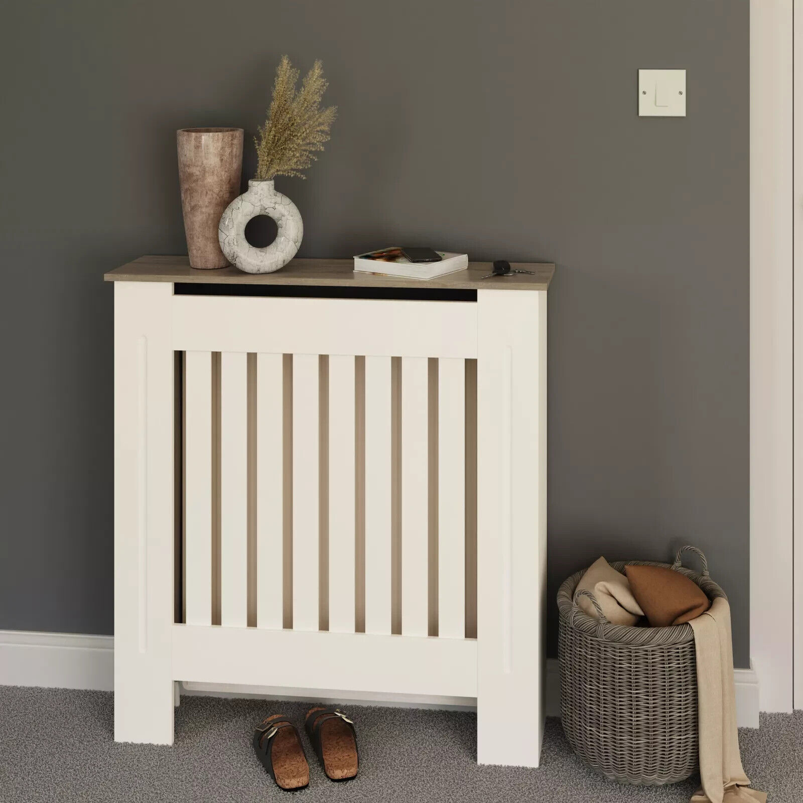 Small White Radiator Cover Slatted Wood Design Top Shelf Storage Display