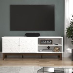 Tipton White Contemporary TV Stand Cabinet Shelves & Two Doors. Easy Assembly