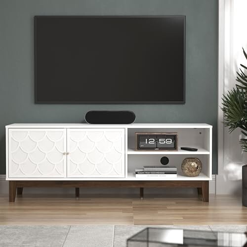 Tipton White Contemporary TV Stand Cabinet Shelves & Two Doors. Easy Assembly