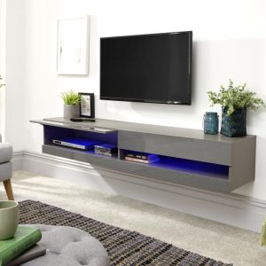 150cm Galicia LED Cool Light up High Gloss Wall Mounted TV Unit Storage Grey