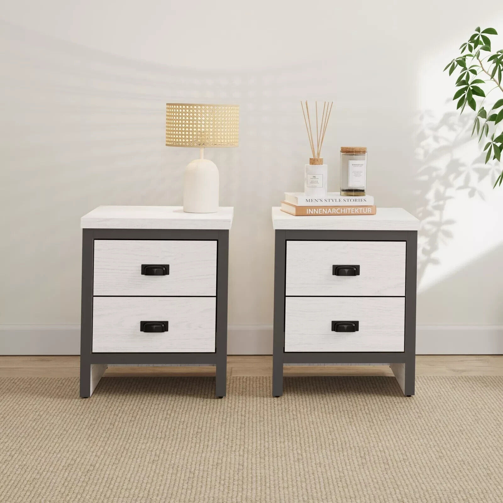 Boston Pair Bedside Cabinet 2 Drawers Storage Side End Table Bedroom White