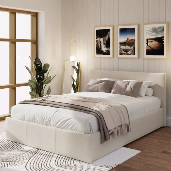 End Lift Ottoman Gas Lift Storage Bed 120CM Small Double Fabric Natural - Image 3