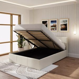 End Lift Ottoman Gas Lift Storage Bed 120CM Small Double Fabric Natural