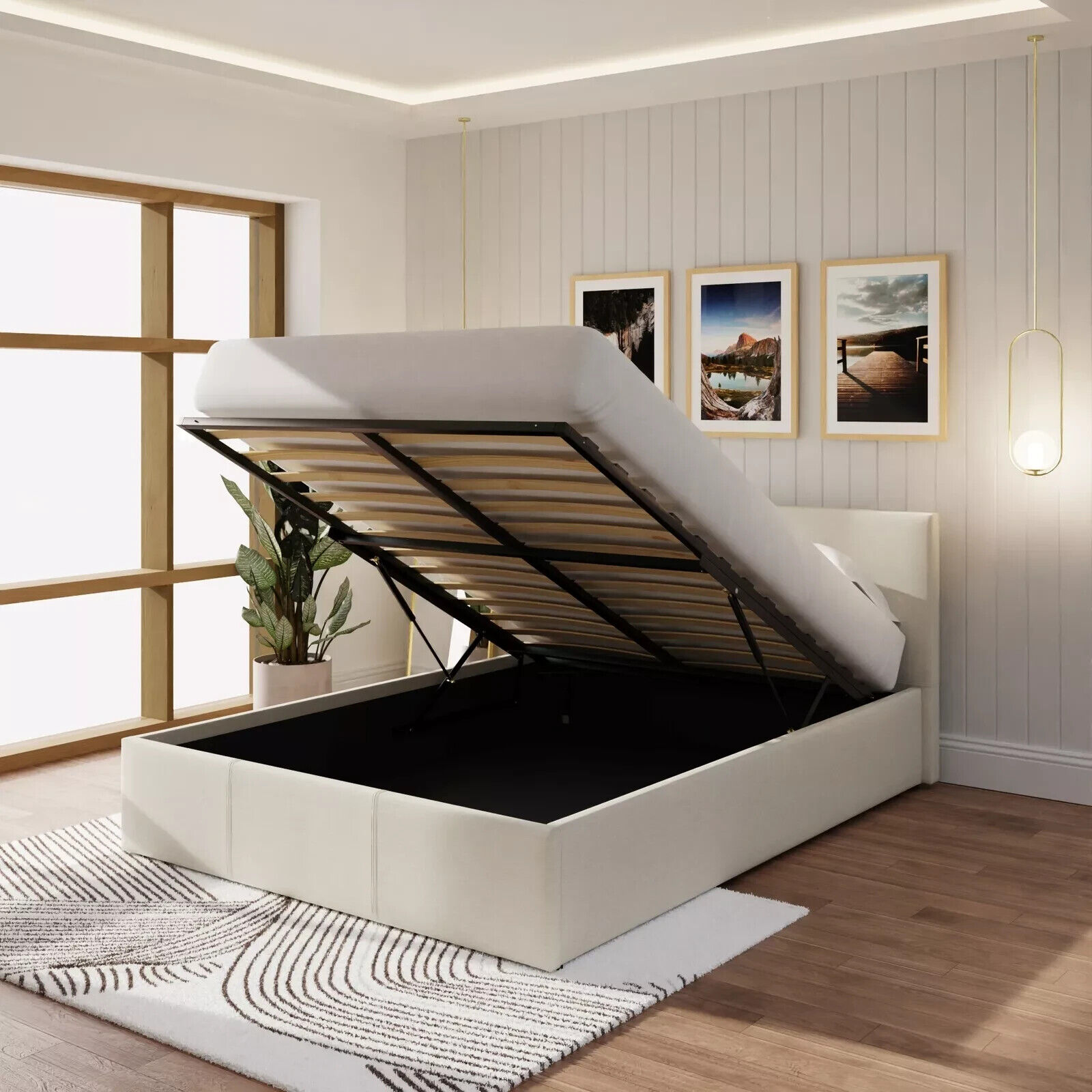 End Lift Ottoman Gas Lift Storage Bed 120CM Small Double Fabric Natural
