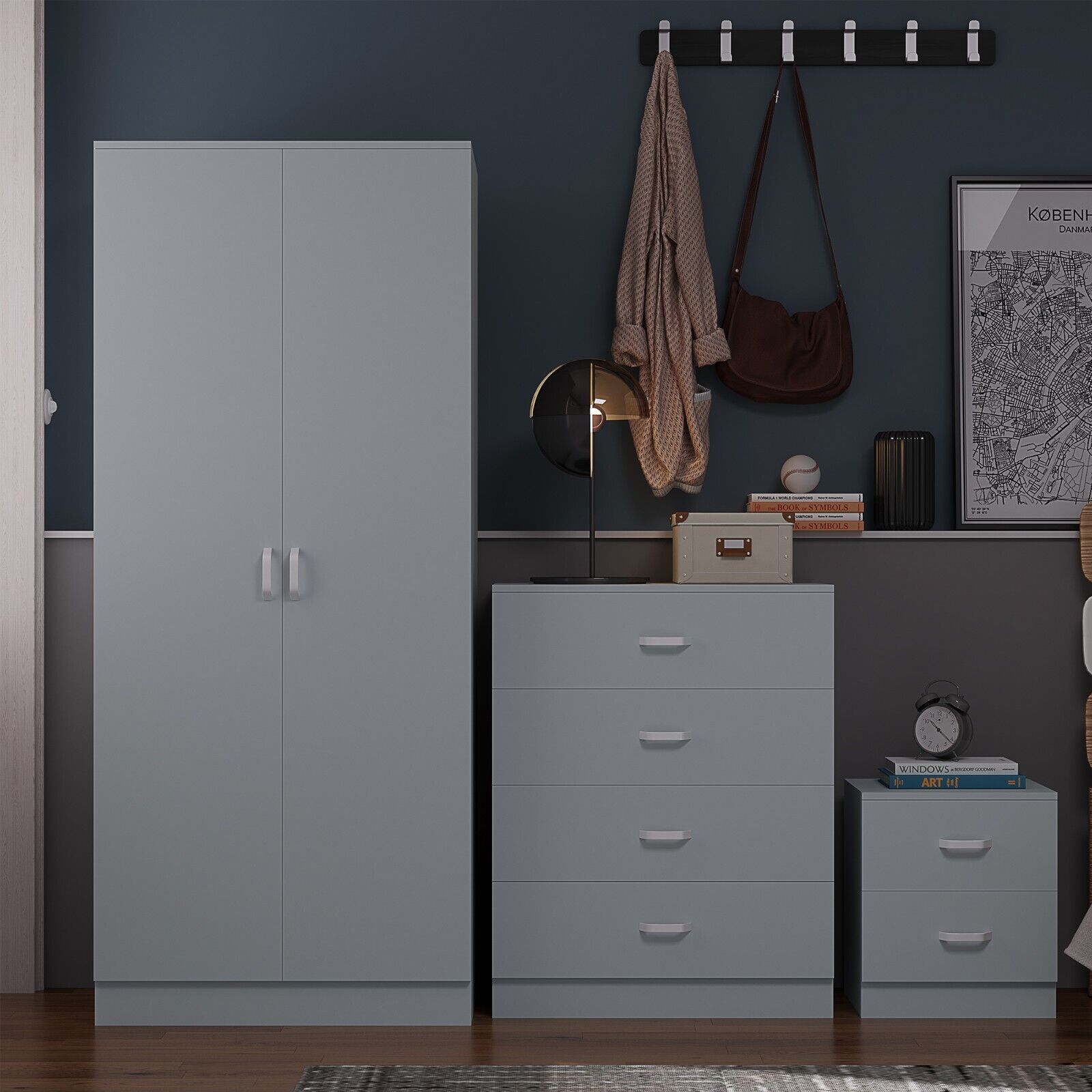 GREY 3 Piece Wardrobe Set Bedside 4 Drawer Chest of Drawers Bedroom Furniture