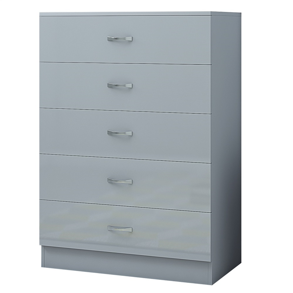 Grey 5 Drawer Chest Wide Tall Gloss Fronts Metal handles Scratch Resistant