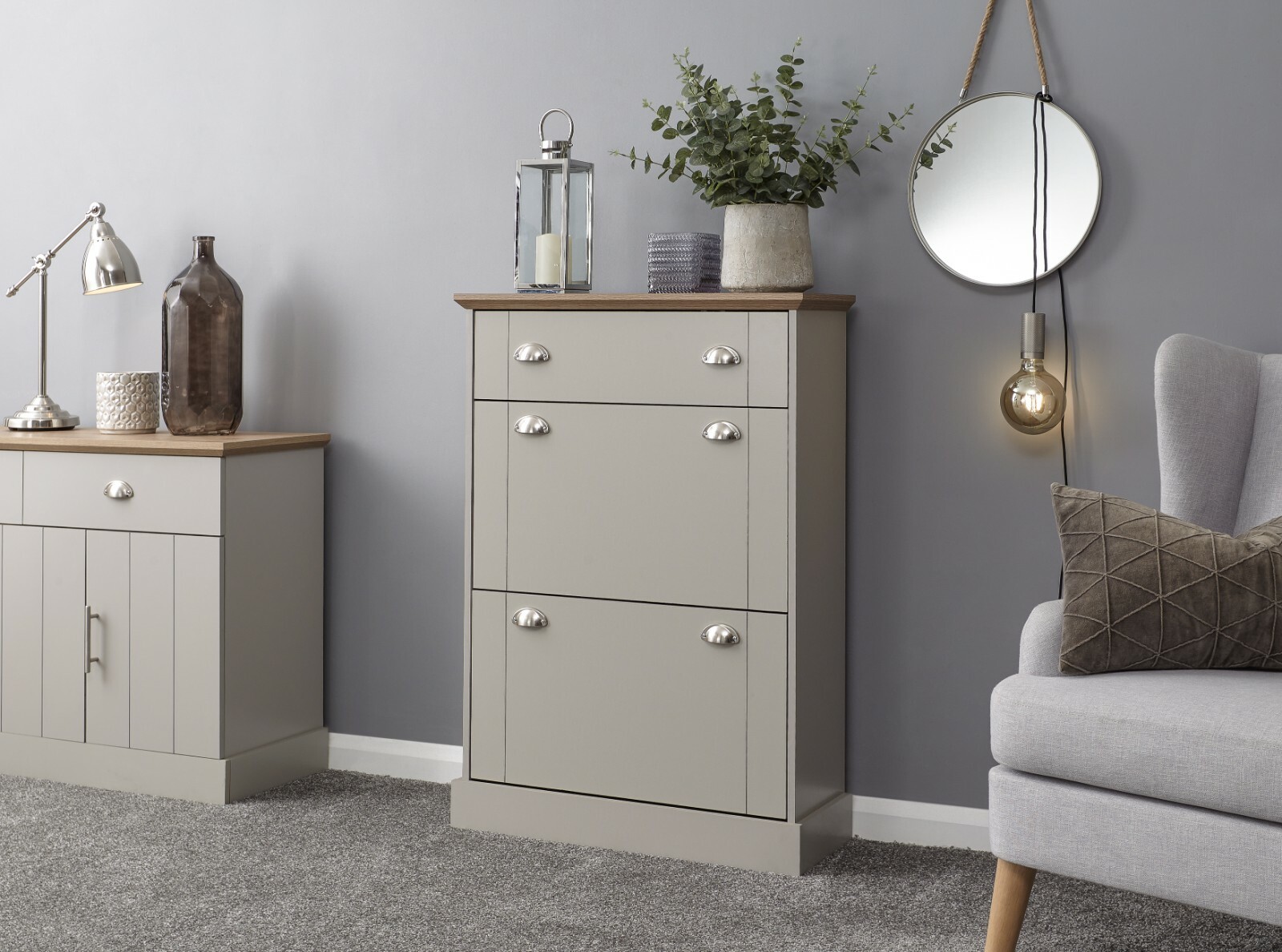 KENDAL DELUXE SHOE CABINET GREY DRAWER & PULL OUT