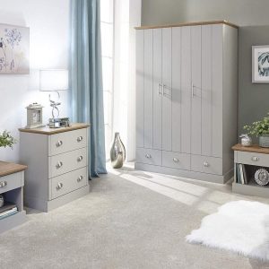 Kendal 4 Piece Set Wardrobe Drawers and Bed Side chest bedroom Grey & Oak