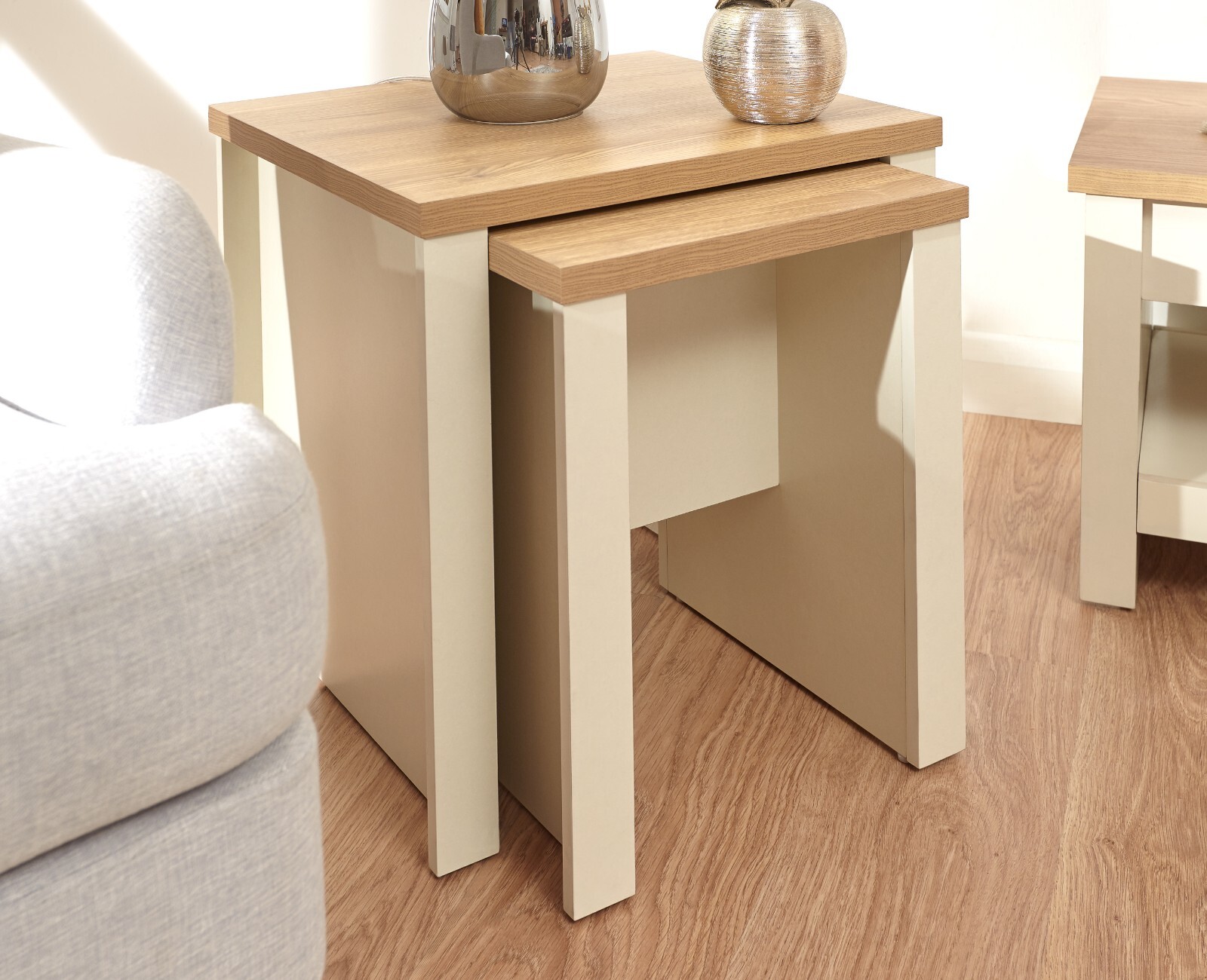 Lancaster Cream Nest of 2 Side End lamp Tables Nested Pair Oak Effect Graded