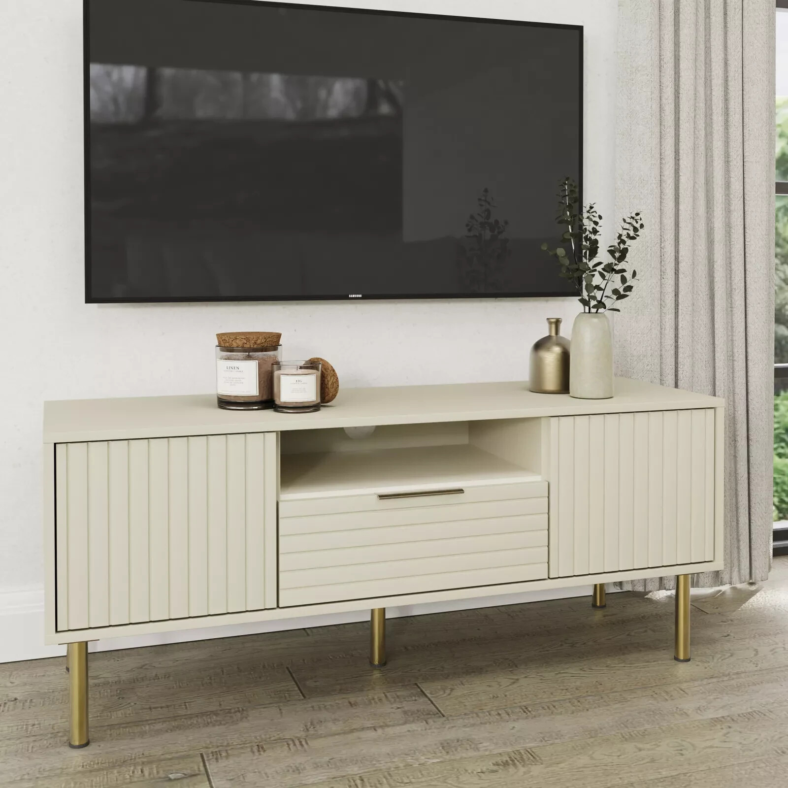 Nervata TV Unit Modern Storage Media Entertainment Storage Shelf Living Ivory