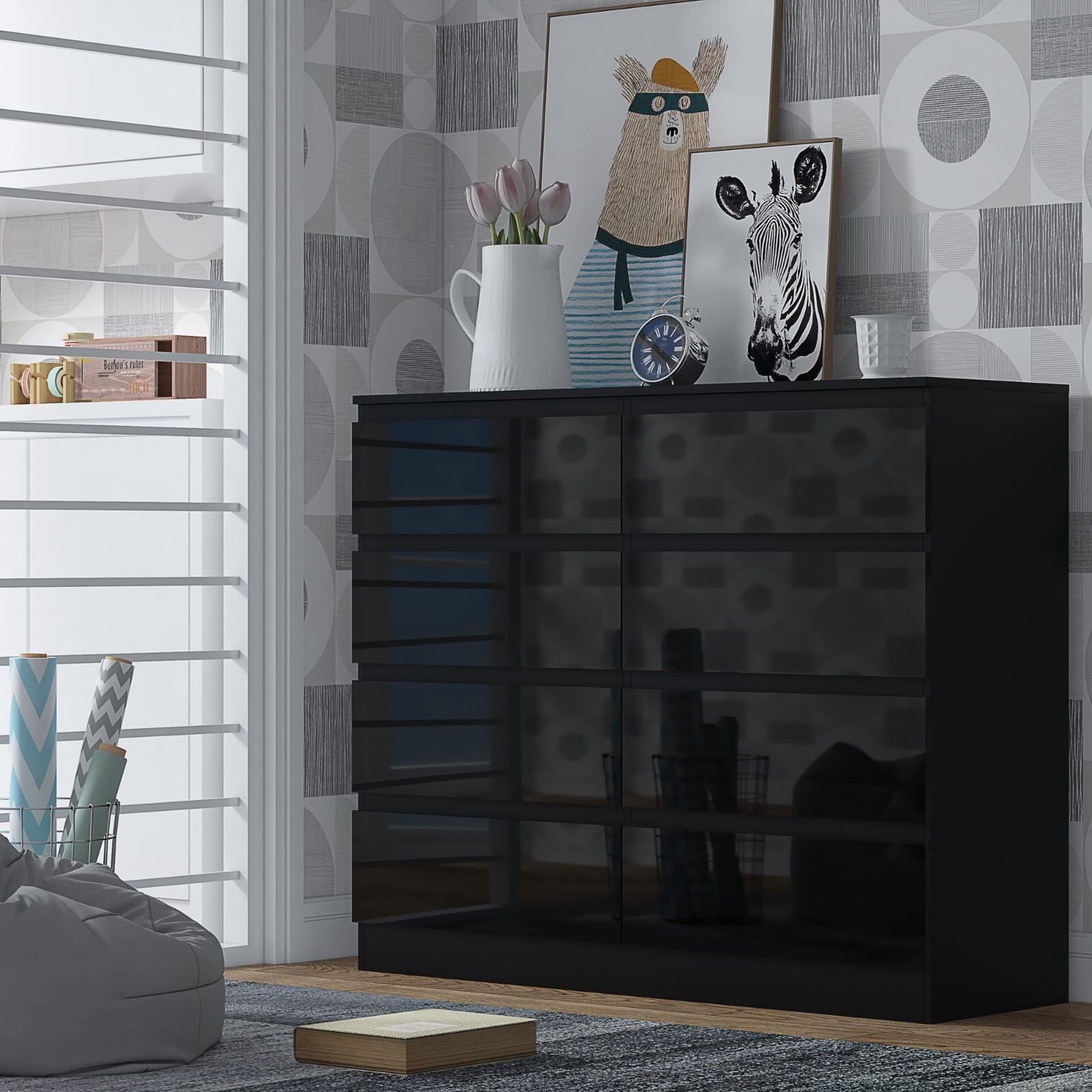 Stora 8 Drawer Chest of Drawers Black Gloss Front Drawers Black Matt Frame