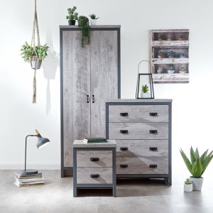 Boston 3 Piece Set 2 Door Wardrobe Bedside 4 drawer chest Grey loft studio