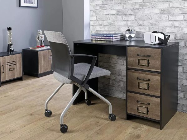 Brown/Black industrial Wood Effect 3 Drawer Office Desk - Retro Locker Design