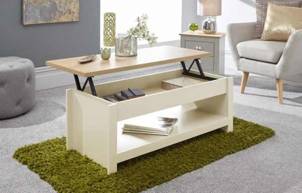 Cream and Oak Lift Up Coffee Table with shelf Lancaster Range - Image 11