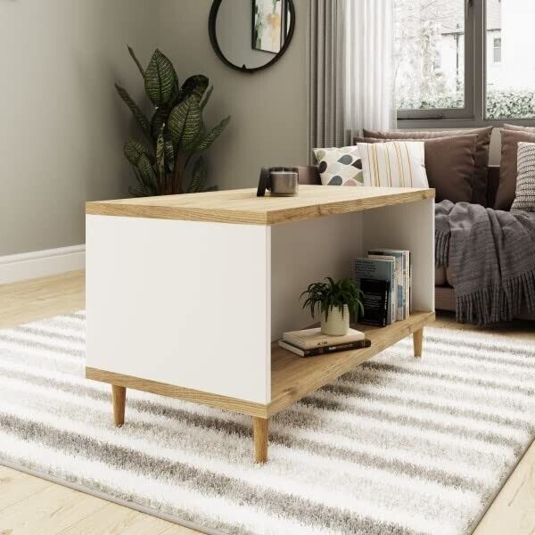 Easy Assemble Click Furniture Coffee Table with Storage Shelf, White & Oak