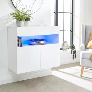 Galicia White Gloss Wall Mounted Hung Sideboard with LED Storage shelves Graded