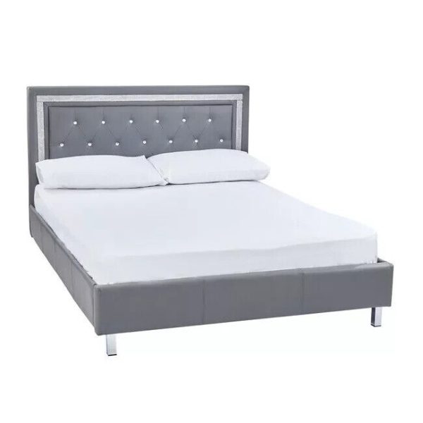 Grey King Size Faux Leather Bed with Diamante Trim mirrored legs