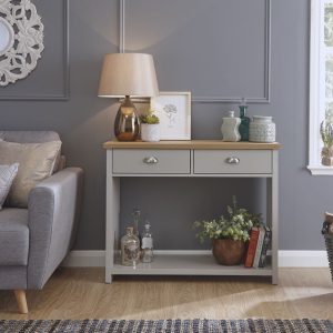 Grey and Oak 2 Drawer Console Table with shelf Hall Storage Lancaster Range