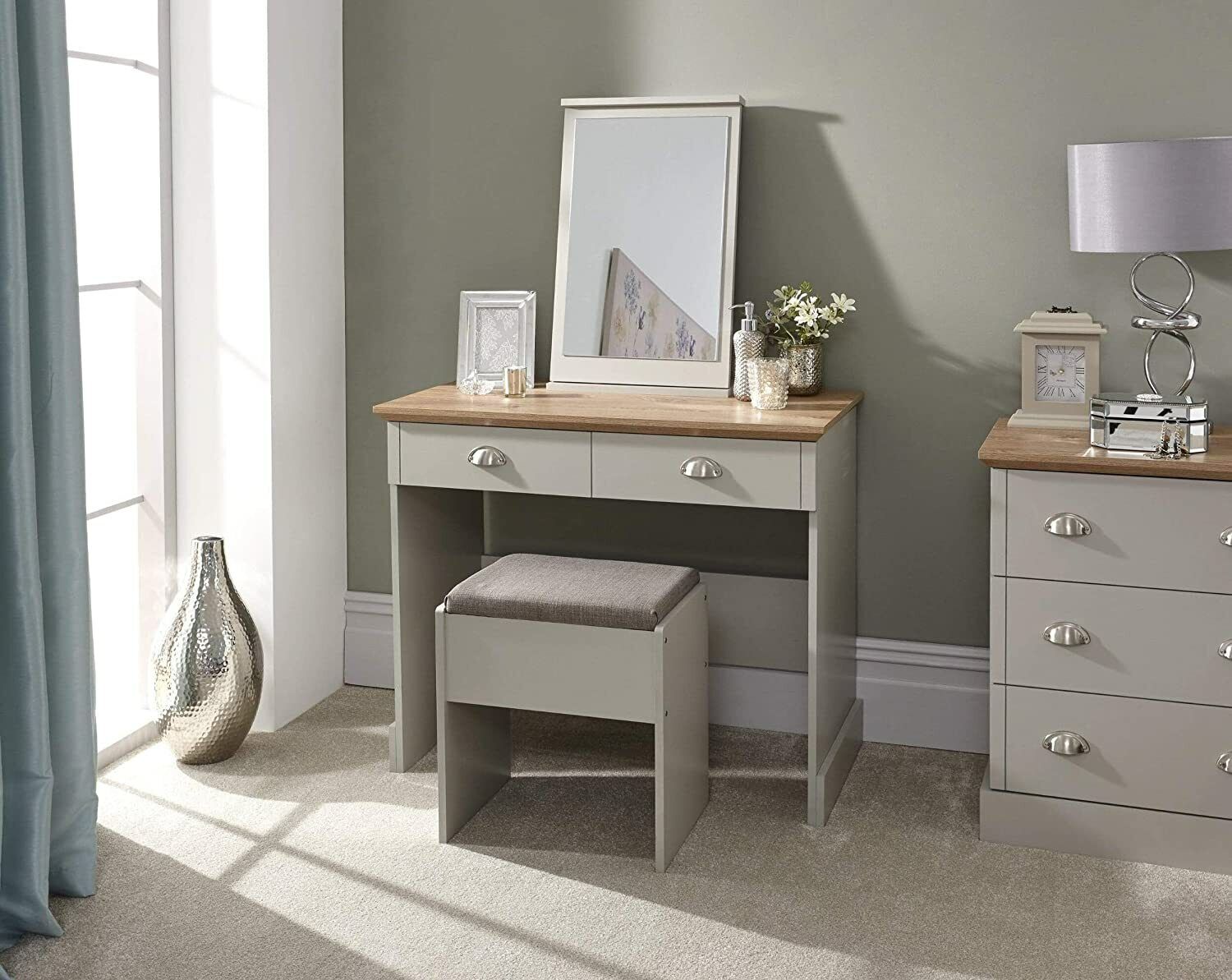 Kendal Bedroom Furniture Dressing Table Mirror & Stool Set Dresser - Grey