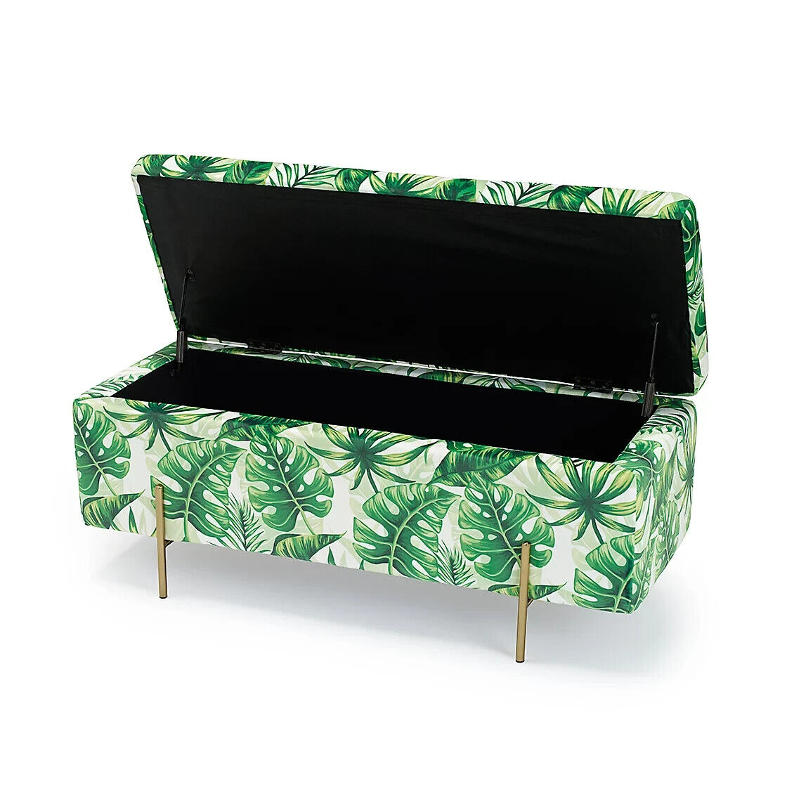 LOLA Large Storage Ottoman Bench Window Seat Palm Print Fabric with Gold Legs