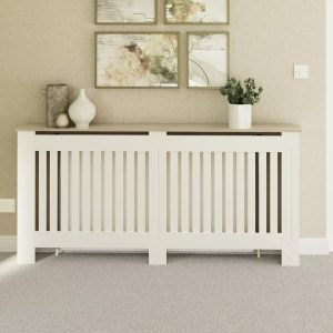 Longslow Extra Large Radiator Cover White MDF Slatted Wood Top Shelf Storage