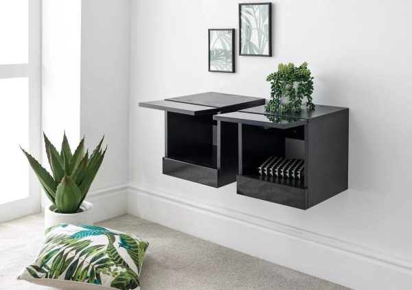 Pair of Wall Mounted Floating Bedside Tables Led Downlights Storage Black - Image 3