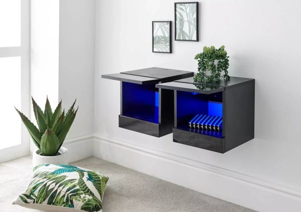 Pair of Wall Mounted Floating Bedside Tables Led Downlights Storage Black - Image 4