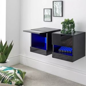Pair of Wall Mounted Floating Bedside Tables Led Downlights Storage Black