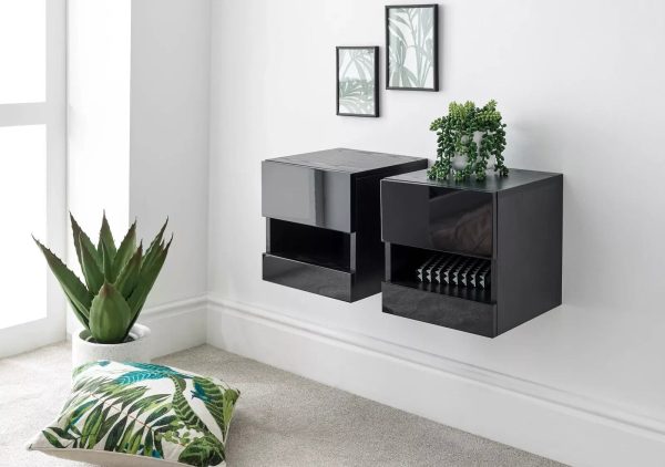 Pair of Wall Mounted Floating Bedside Tables Led Downlights Storage Black - Image 5