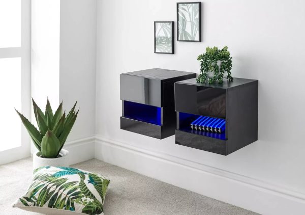 Pair of Wall Mounted Floating Bedside Tables Led Downlights Storage Black - Image 6