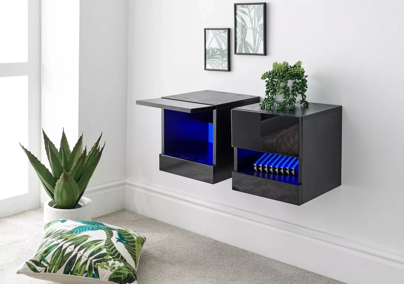 Pair of Wall Mounted Floating Bedside Tables Led Downlights Storage Black