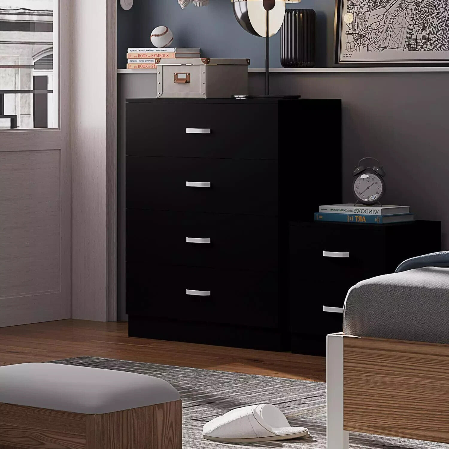 Tunis 4 Drawer Chest Of Drawers Matt Black Metal T-Bar Handles 90 x 70 x 41