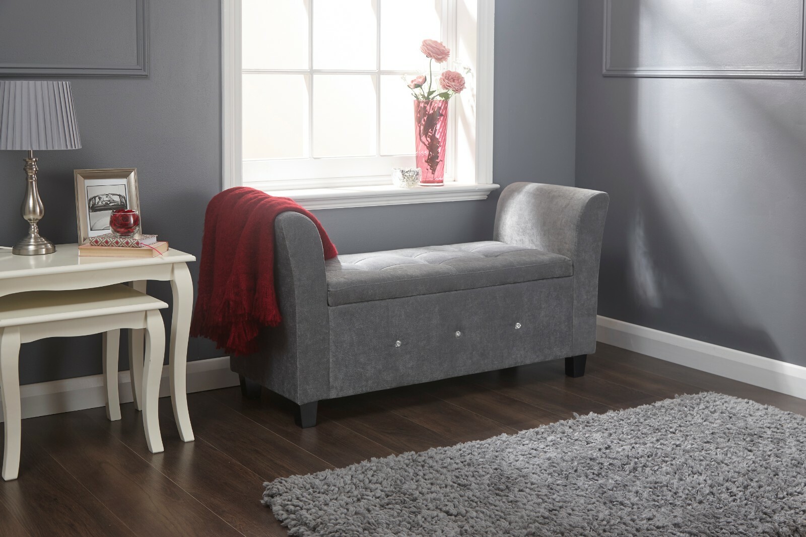 Verona Window Seat Luxurious soft Grey Chenille with Dazzling Diamantes