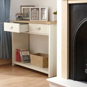 Cream and Oak 2 Drawer Console Table with shelf Hall Storage Lancaster Range