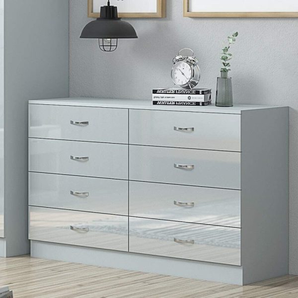 Grey 8 Drawer Chest Wide Tall Gloss Front Metal handles Scratch Resistant GRADED