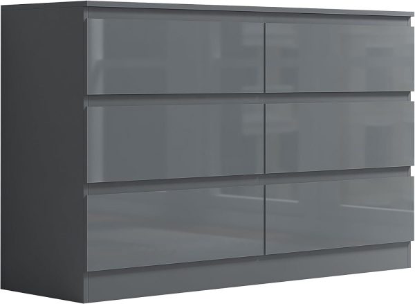 Grey High Gloss Chest Of 6 Drawers Bedroom Furniture Scratch Resistant - Image 3