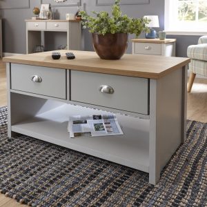 Grey and Oak 2 Drawer Storage Coffee Table Lancaster Range Return Graded