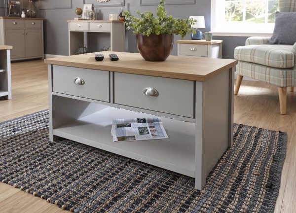 Grey and Oak 2 Drawer Storage Coffee Table Lancaster Range Return Graded