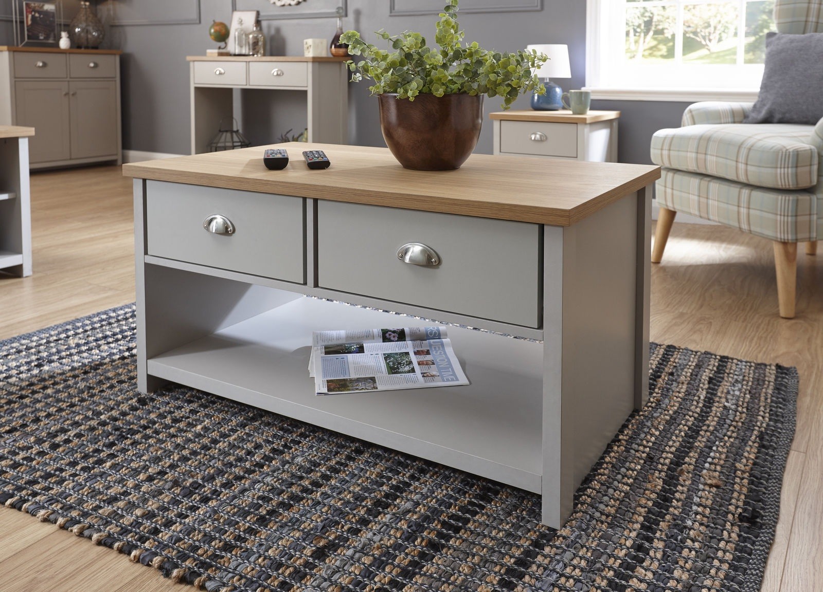 Grey and Oak 2 Drawer Storage Coffee Table Lancaster Range Return Graded