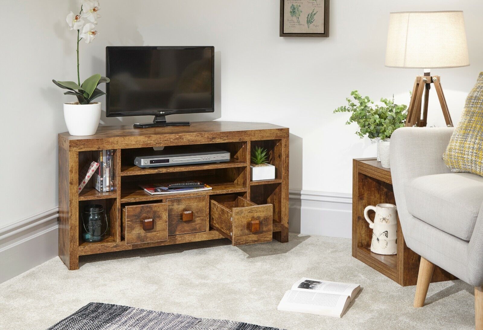 Jakarta 3 Drawer Corner TV Media Entertainment Unit distressed style GRADED
