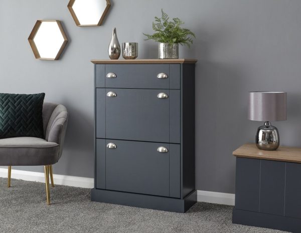 KENDAL DELUXE SHOE CABINET SLATE BLUE DRAWER & PULL OUT