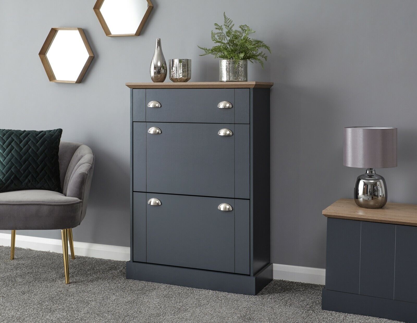 KENDAL DELUXE SHOE CABINET SLATE BLUE DRAWER & PULL OUT